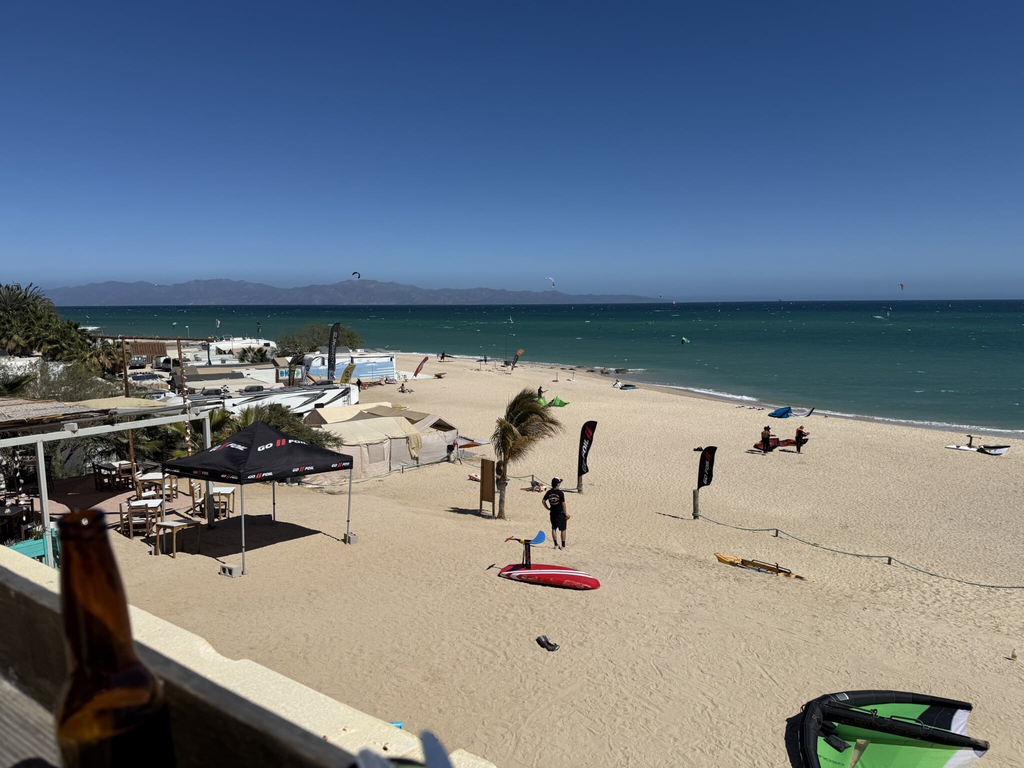 Beach and kiteboarders on the bay in La Ventana
